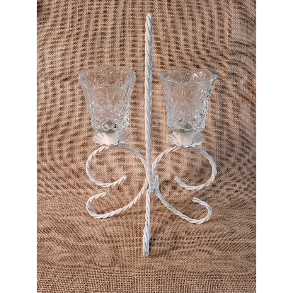 Vintage Twisted‎ Metal Candle Holder Candelabra 2 Cut Glass Votive Tealight Cups